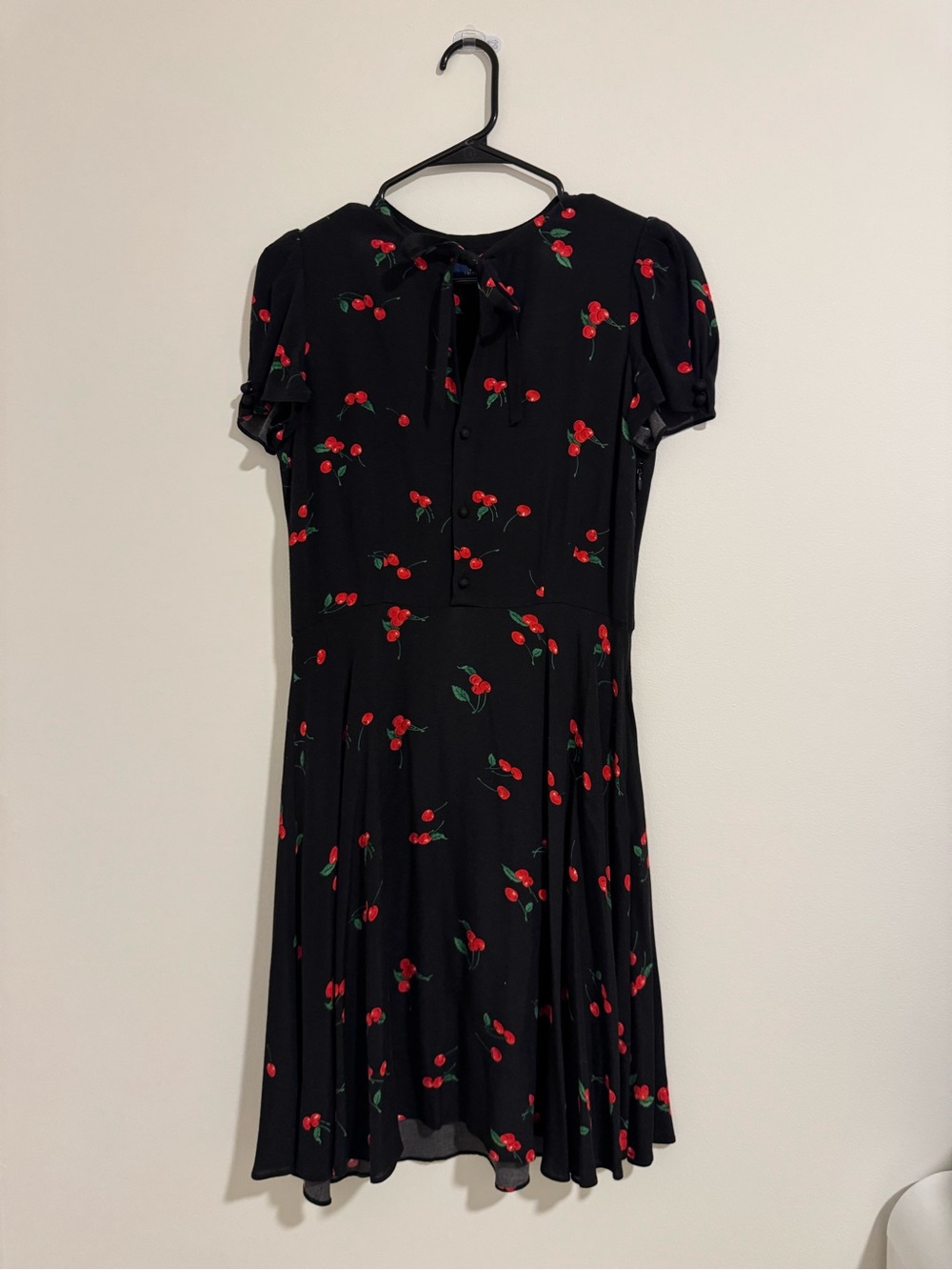 Polo Ralph Lauren Black Cherry Print A-Line Dress with Tie Neck